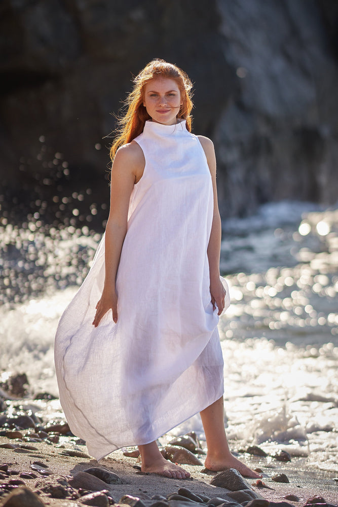 Cowl Neck Linen Dress in White - Visibleart