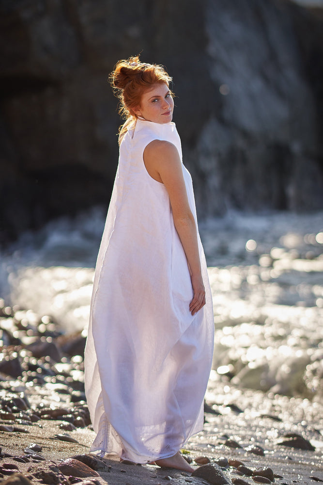 Cowl Neck Linen Dress in White - Visibleart