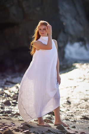 Cowl Neck Linen Dress in White - Visibleart