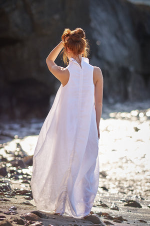 Cowl Neck Linen Dress in White - Visibleart