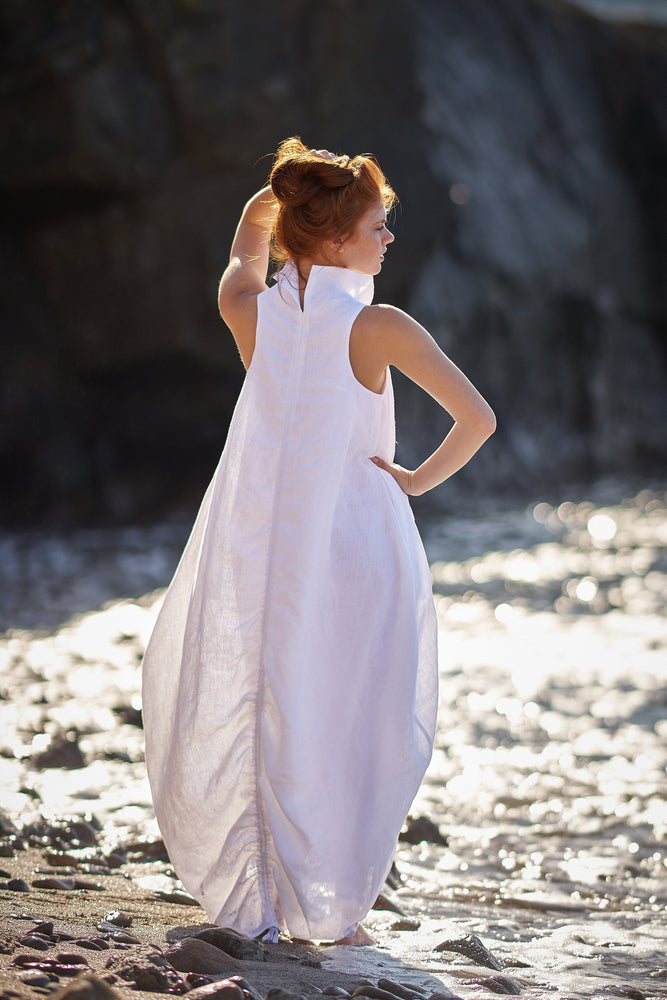 Cowl Neck Linen Dress in White - Visibleart