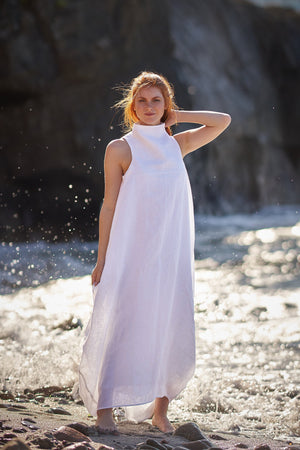 Cowl Neck Linen Dress in White - Visibleart